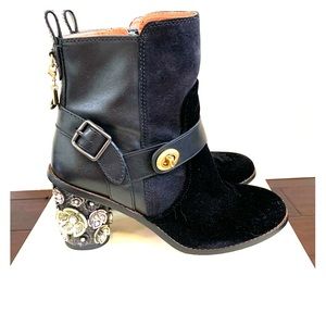 Coach Leather Velvet Flower Detail Heel ankle boot